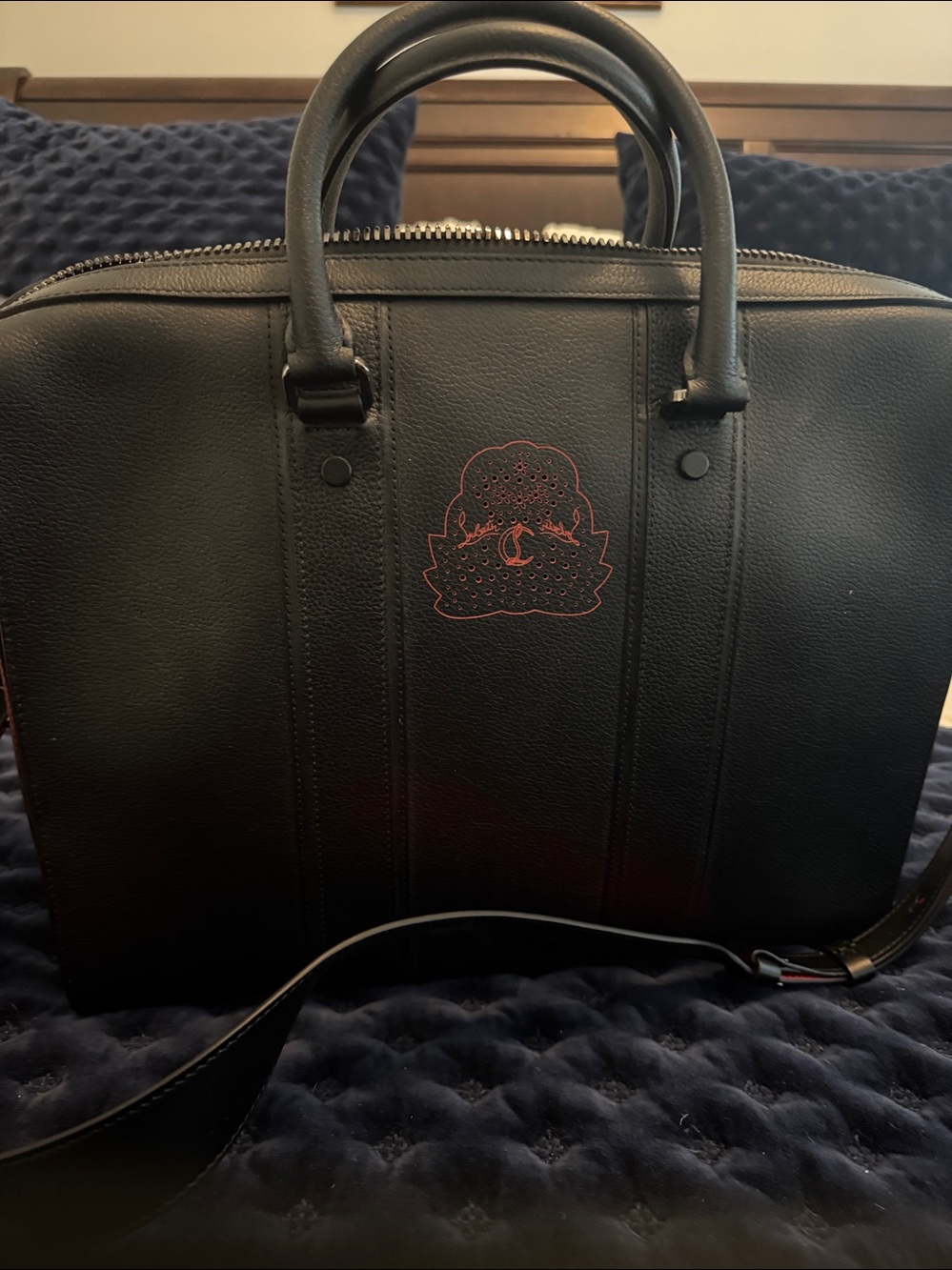 LIKE NEW! Christian Louboutin Black Leather Duffel with Red Strap Accents